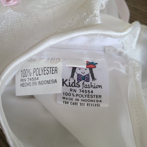 Vintage Kids Fashion Dress 18M White Poly Satin Lace Pink Rosettes Pleated Fancy - Picture 6 of 9